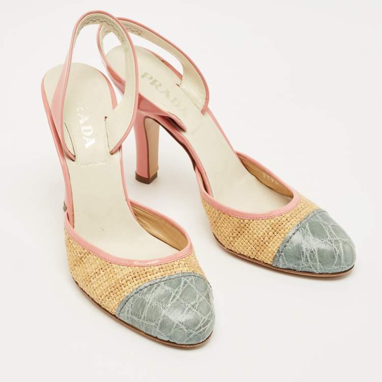 Pre Owned Prada Multicolor Croc Embossed Leather and Raffia Slingback Pumps Size 36