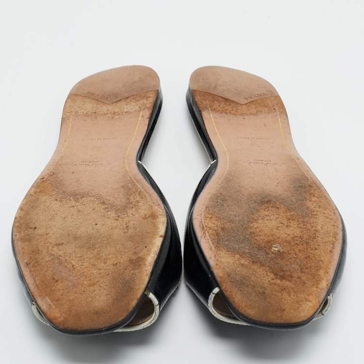 Pre Owned Prada Black Saffiano Patent Leather Flat Slide Size 37