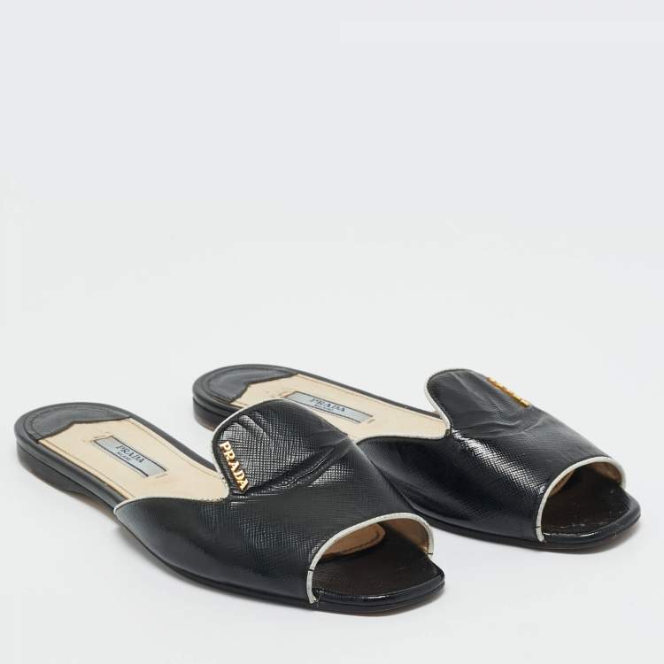 Pre Owned Prada Black Saffiano Patent Leather Flat Slide Size 37