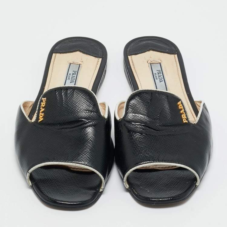 Pre Owned Prada Black Saffiano Patent Leather Flat Slide Size 37