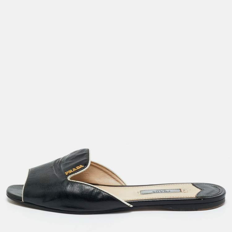 Pre Owned Prada Black Saffiano Patent Leather Flat Slide Size 37