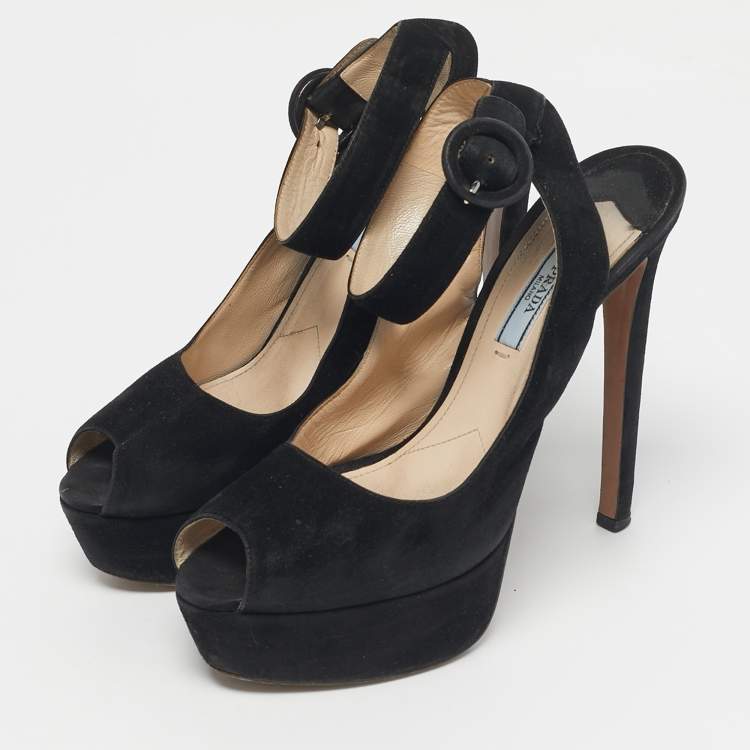 Pre Owned Prada Black Suede Peep Toe Ankle Strap Pumps Size 38