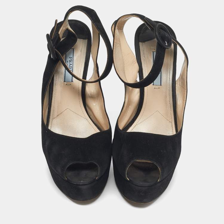 Pre Owned Prada Black Suede Peep Toe Ankle Strap Pumps Size 38