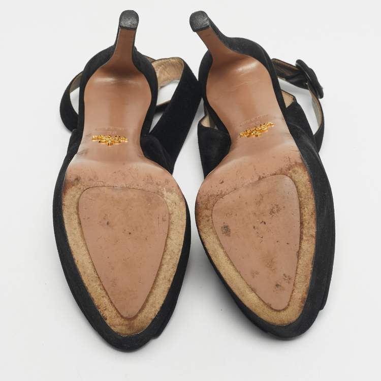 Pre Owned Prada Black Suede Peep Toe Ankle Strap Pumps Size 38