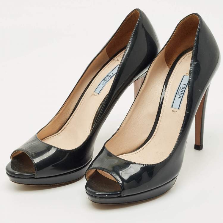 Pre Owned Prada Navy Blue Patent Leather Peep Toe Pumps Size 39.5