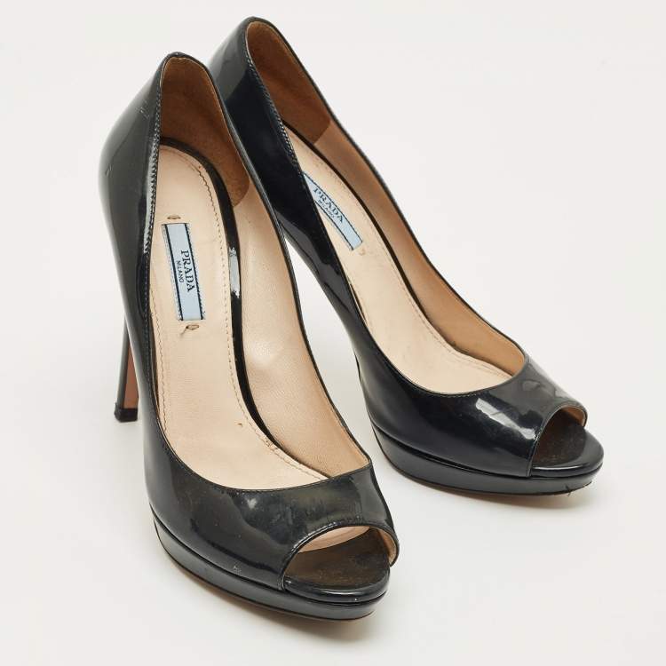 Pre Owned Prada Navy Blue Patent Leather Peep Toe Pumps Size 39.5