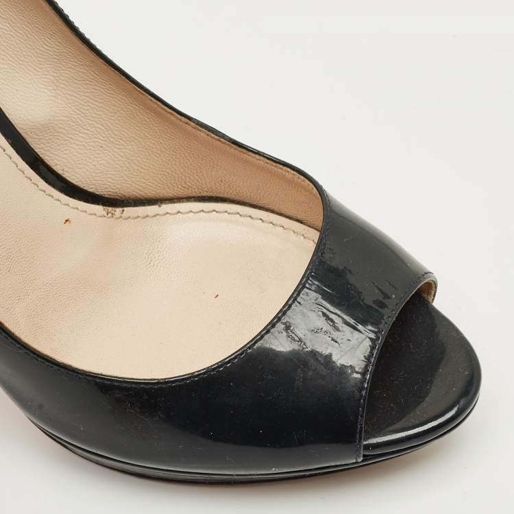 Pre Owned Prada Navy Blue Patent Leather Peep Toe Pumps Size 39.5