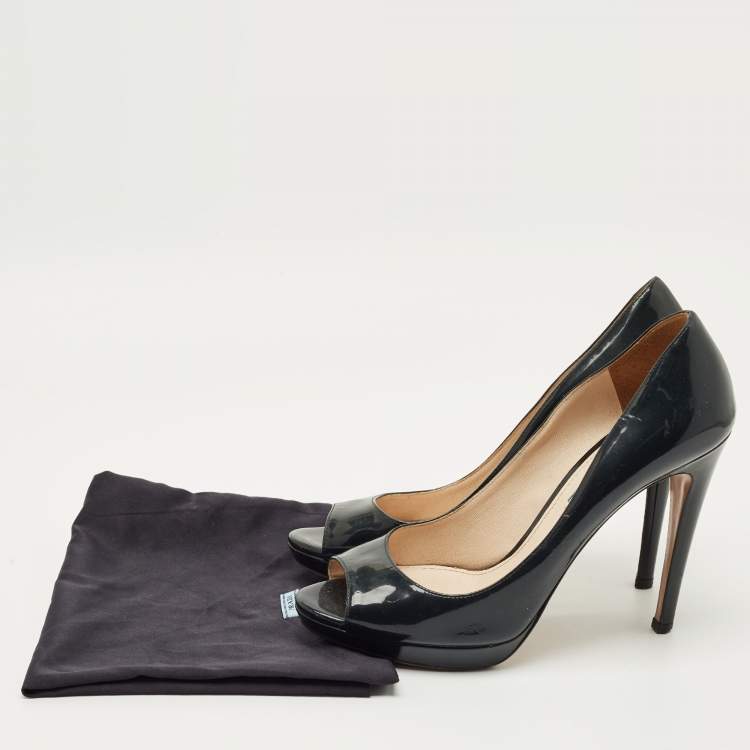 Pre Owned Prada Navy Blue Patent Leather Peep Toe Pumps Size 39.5