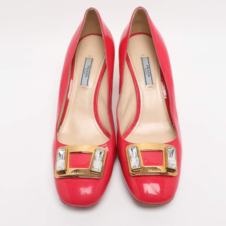 Pre Owned Prada Pink Patent Leather Embellished Square Toe Pumps Size 41