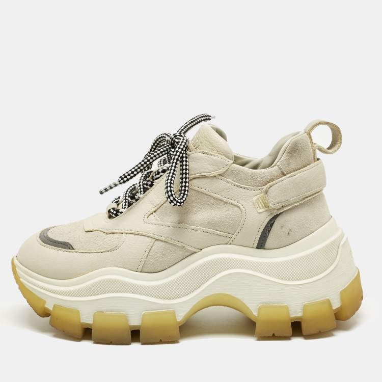 Pre Owned Prada Cream Suede and Leather Lace Up Low Top Sneakers Size 35