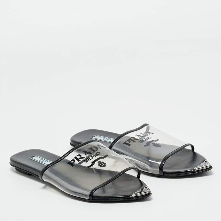 Pre Owned Prada Black/Transparent  PVC and Leather Flat Slides Size 37