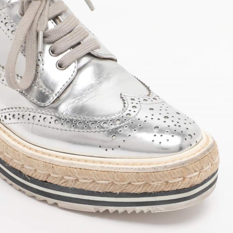 Pre Owned Prada Silver Leather Brogues Oxford Sneakers Size 35