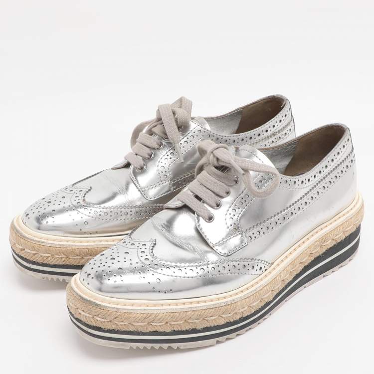 Pre Owned Prada Silver Leather Brogues Oxford Sneakers Size 35