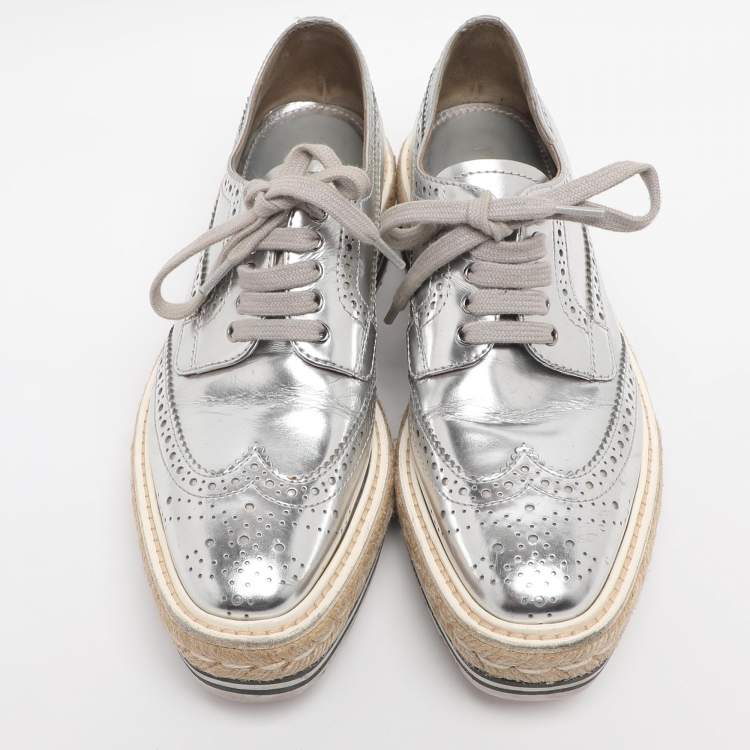 Pre Owned Prada Silver Leather Brogues Oxford Sneakers Size 35