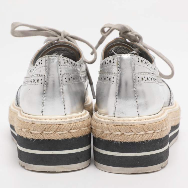 Pre Owned Prada Silver Leather Brogues Oxford Sneakers Size 35