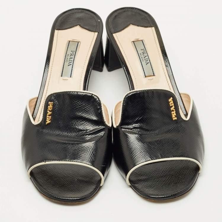 مملوكة مسبقًا Prada Black Saffiano Leather Slide Sandals Size 38