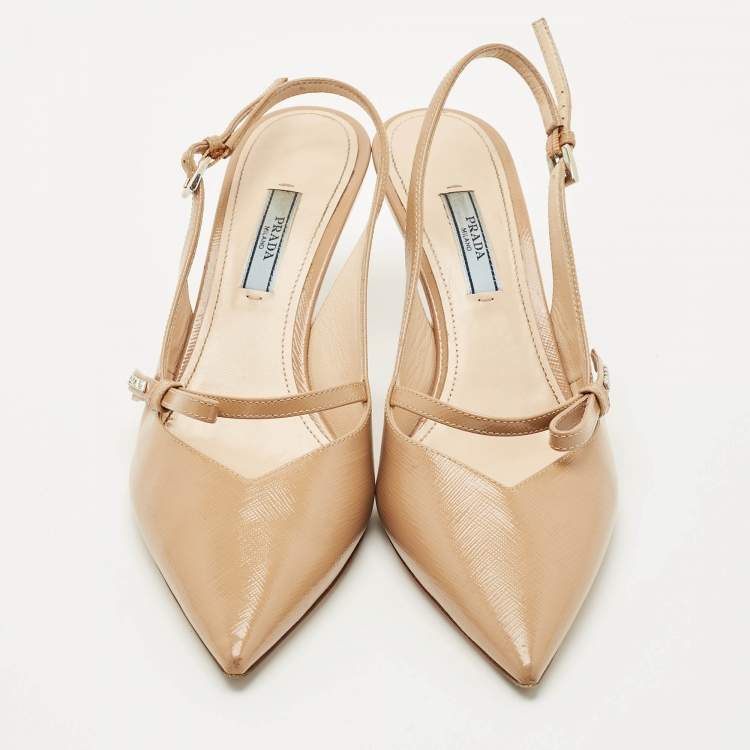 Pre Owned Prada Beige Patent Leather Pointed Toe Slingback Pumps Size 39