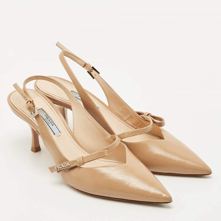 Pre Owned Prada Beige Patent Leather Pointed Toe Slingback Pumps Size 39