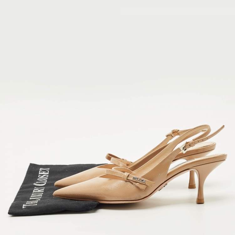 Pre Owned Prada Beige Patent Leather Pointed Toe Slingback Pumps Size 39