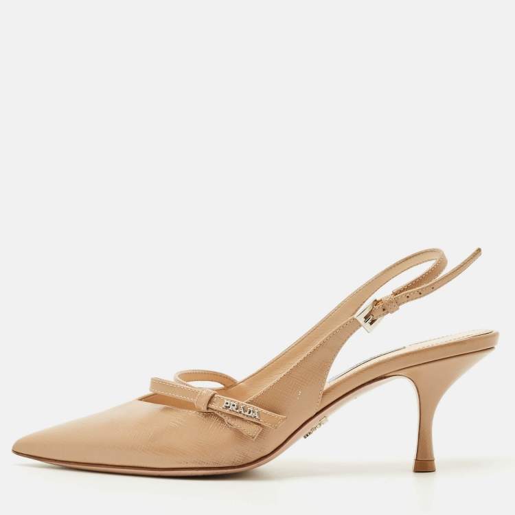 Pre Owned Prada Beige Patent Leather Pointed Toe Slingback Pumps Size 39