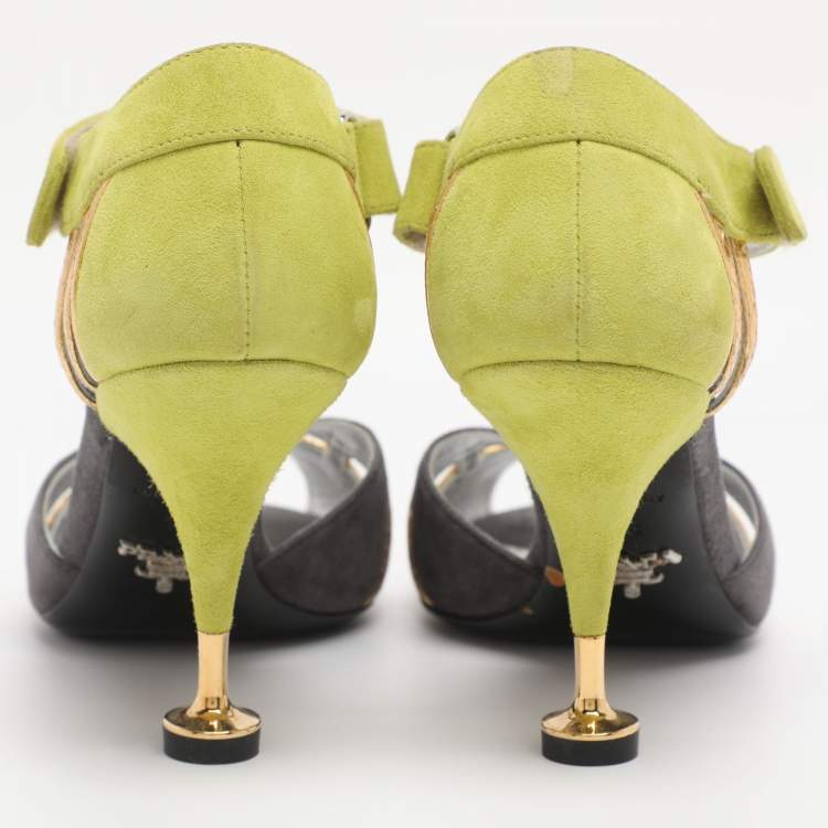 مملوكة مسبقًا Prada Multicolor Leather and Suede T-Strap Sandals Size 38