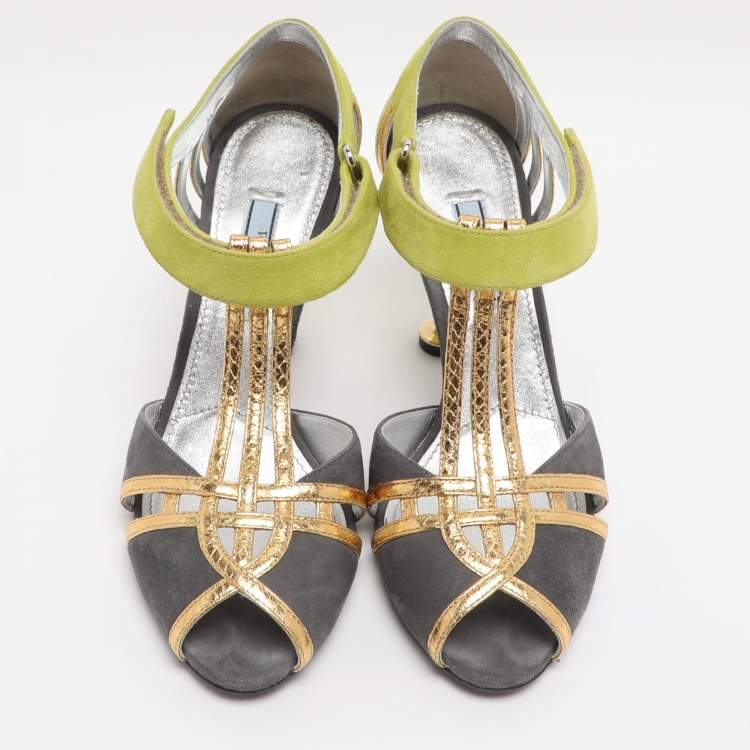 مملوكة مسبقًا Prada Multicolor Leather and Suede T-Strap Sandals Size 38