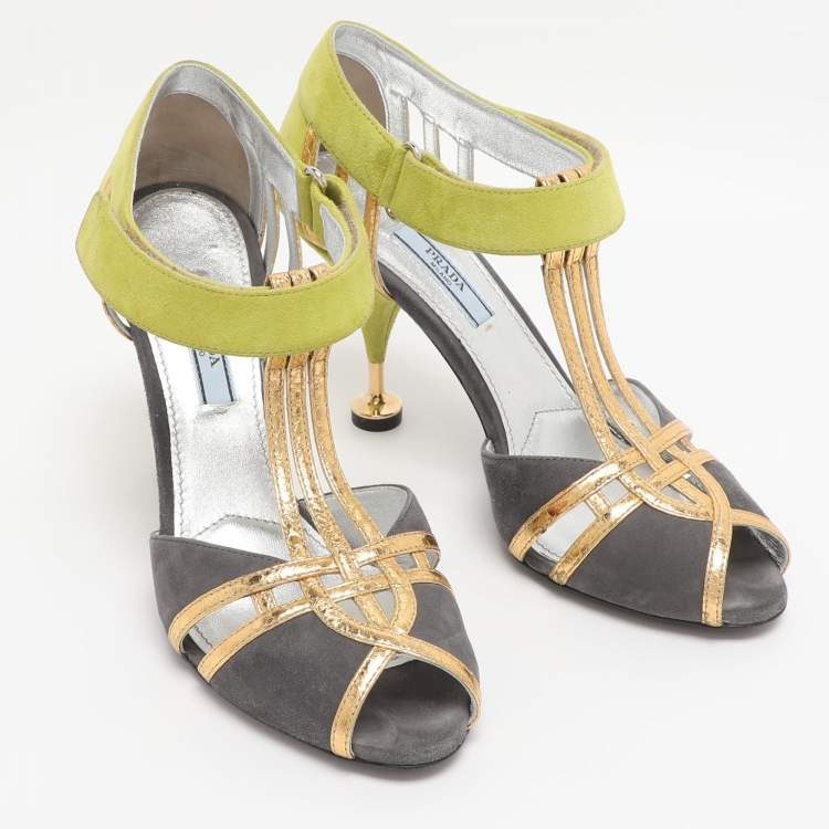 مملوكة مسبقًا Prada Multicolor Leather and Suede T-Strap Sandals Size 38