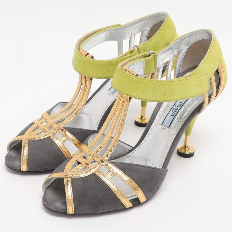 مملوكة مسبقًا Prada Multicolor Leather and Suede T-Strap Sandals Size 38
