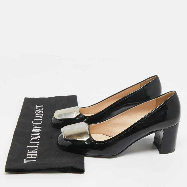 Pre Owned Prada Black Patent Leather Block Heel Pumps Size 37