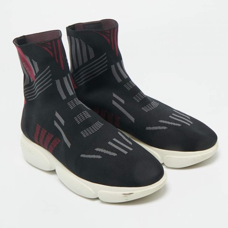 Pre Owned Prada Black/Burgundy Knit Fabric Sock Runner High Top Sneakers Size 36.5