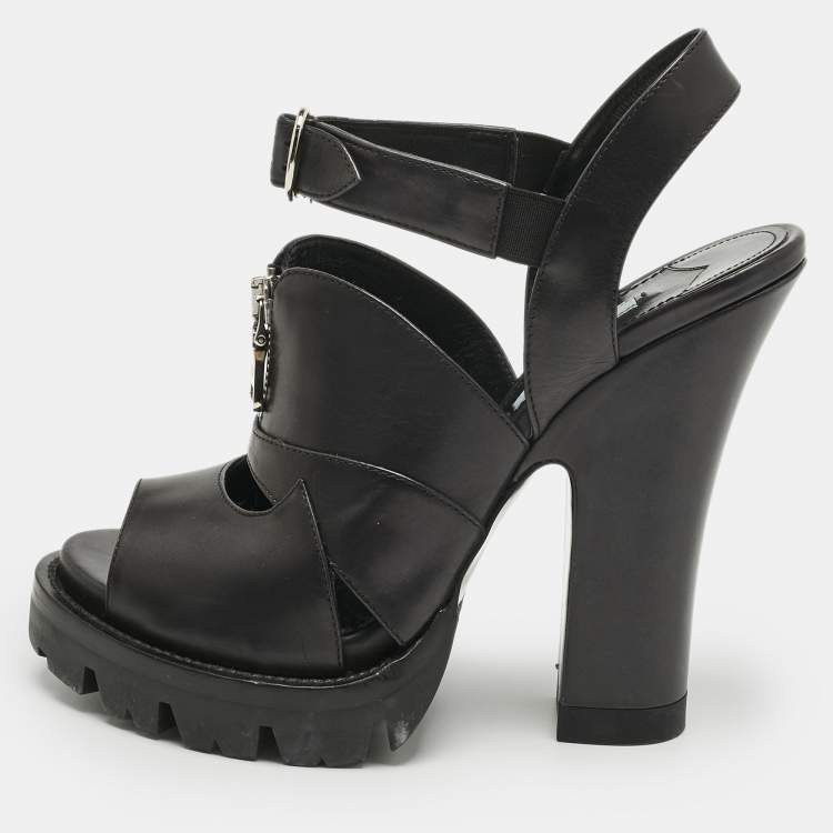 Pre Owned Prada Black Leather Zip Detail Platform Sandals Size 39