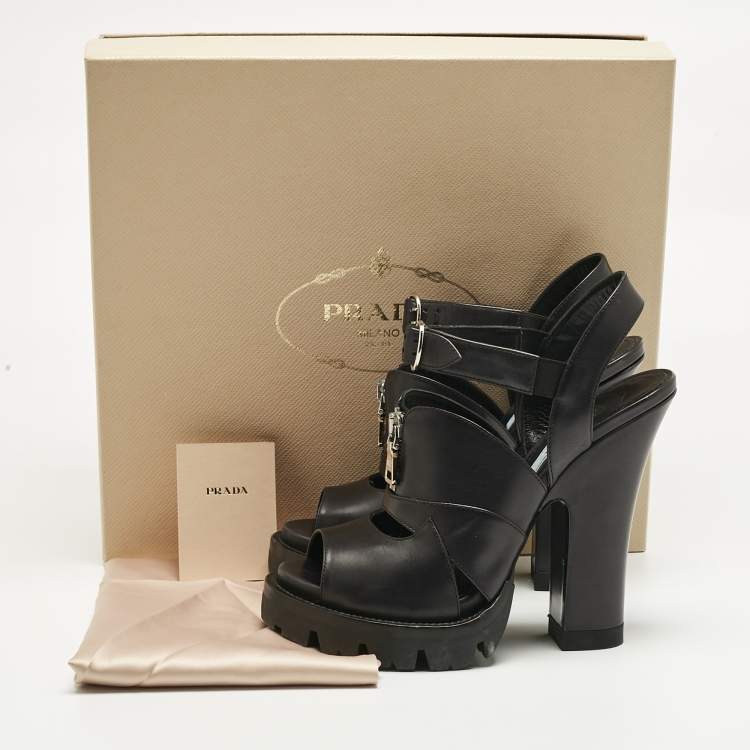 Pre Owned Prada Black Leather Zip Detail Platform Sandals Size 39
