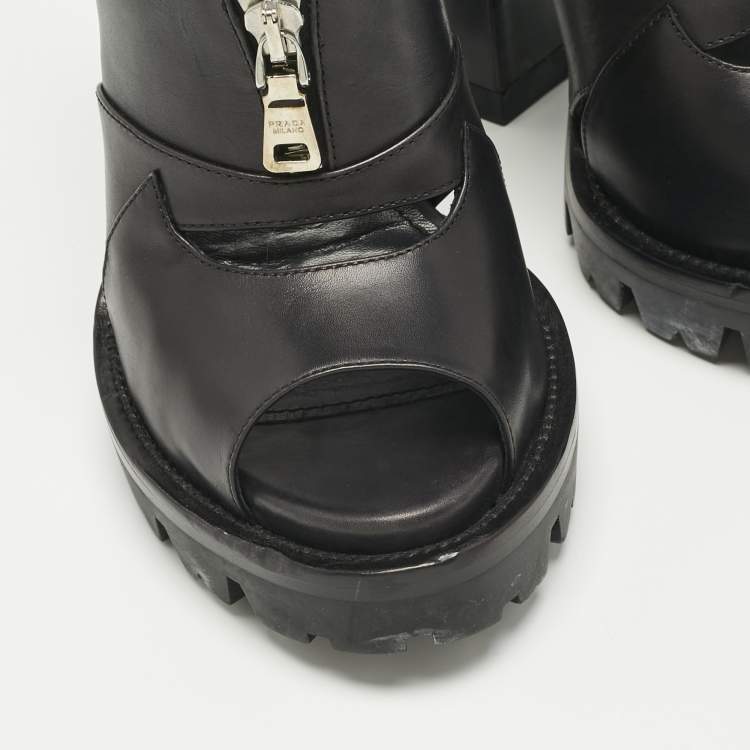 Pre Owned Prada Black Leather Zip Detail Platform Sandals Size 39