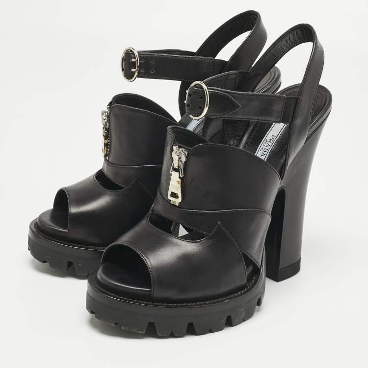 Pre Owned Prada Black Leather Zip Detail Platform Sandals Size 39