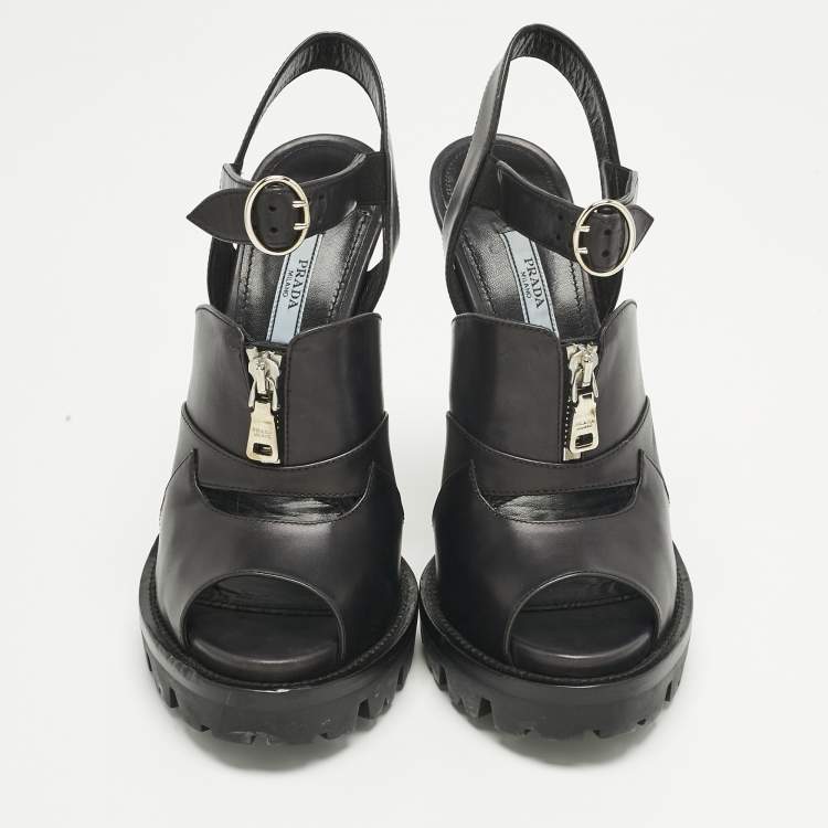 Pre Owned Prada Black Leather Zip Detail Platform Sandals Size 39