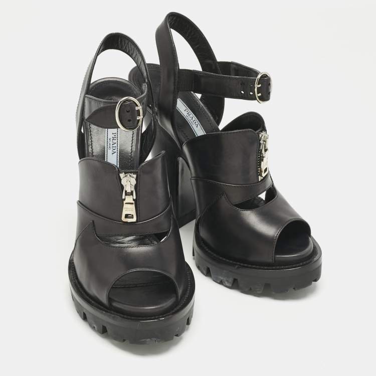 Pre Owned Prada Black Leather Zip Detail Platform Sandals Size 39