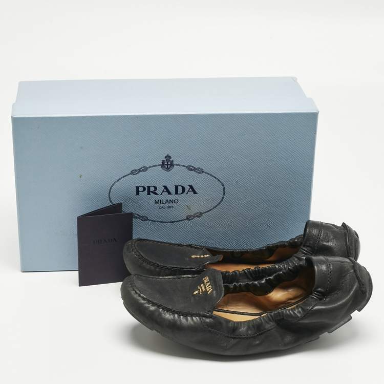 Pre Owned Prada Black Leather Scrunch Ballet Flats Size 39