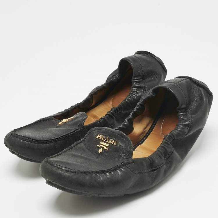 Pre Owned Prada Black Leather Scrunch Ballet Flats Size 39