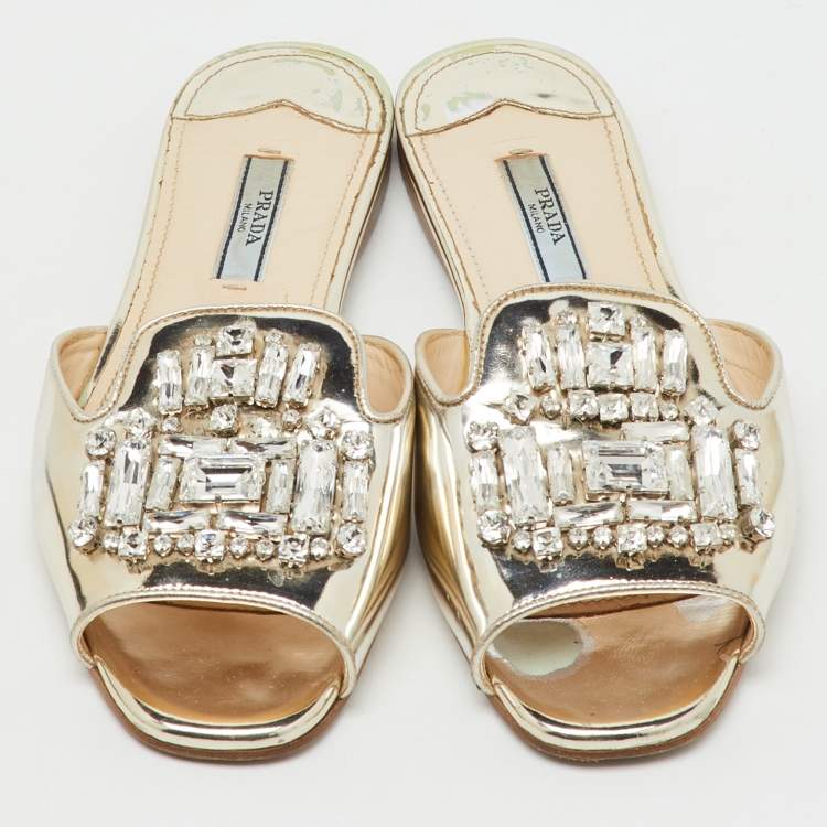 Pre Owned Prada Silver Foil Leather Crystal Embellished Flat Slide Sandals Size 37