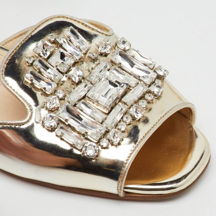Pre Owned Prada Silver Foil Leather Crystal Embellished Flat Slide Sandals Size 37
