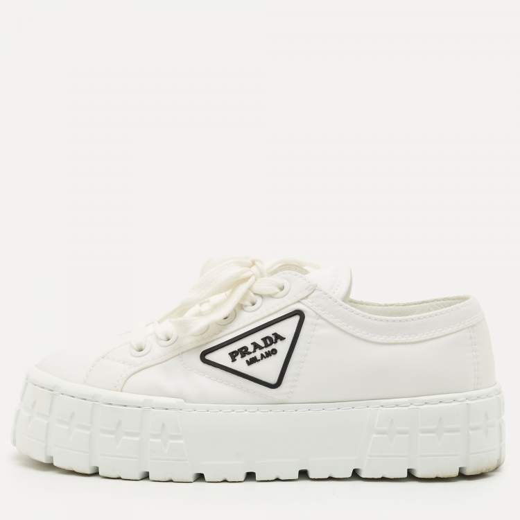 Pre Owned Prada White Re-Nylon Gabardine Double Wheel Sneakers Size 38