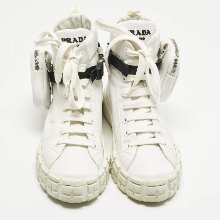 Pre Owned Prada White Re-Nylon Gabardine Metal Triangle Pouch Pocket Sneakers Size 39