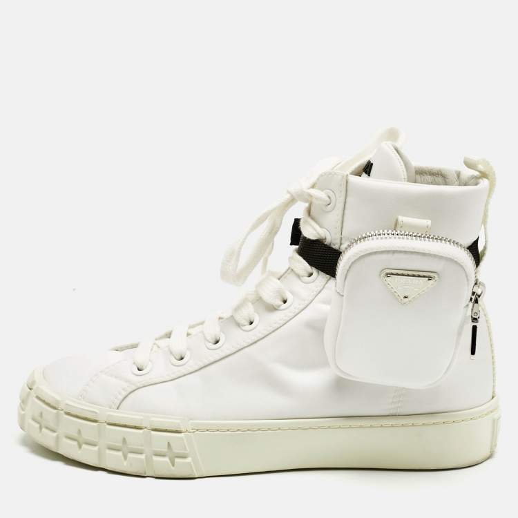 Pre Owned Prada White Re-Nylon Gabardine Metal Triangle Pouch Pocket Sneakers Size 39