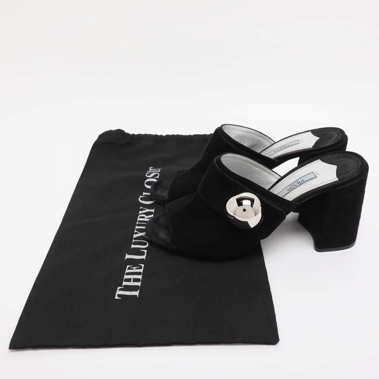 Pre Owned Prada Black Suede  Block Heel Mule Sandals Size 38