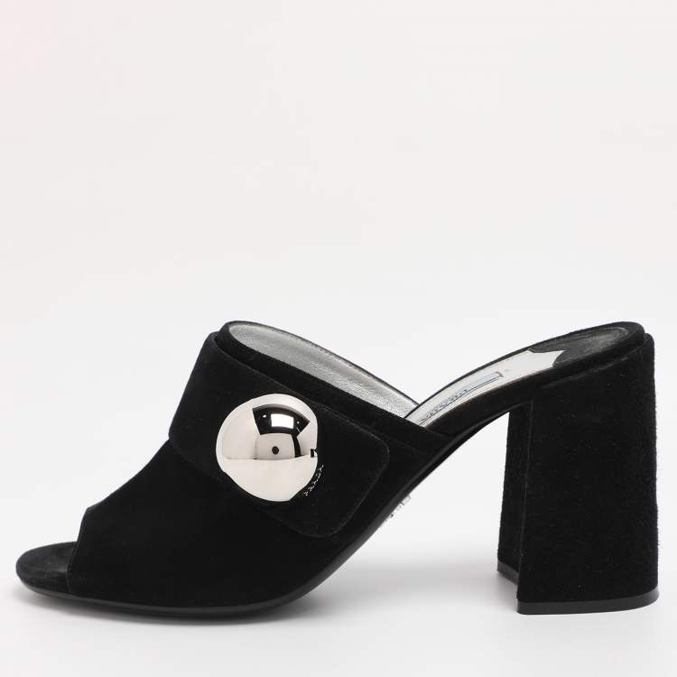 Pre Owned Prada Black Suede  Block Heel Mule Sandals Size 38