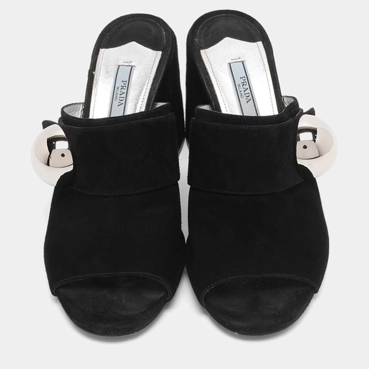 Pre Owned Prada Black Suede  Block Heel Mule Sandals Size 38