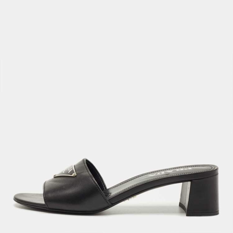 Pre Owned Prada Black Leather Triangle Logo Slide Sandals Size 39.5