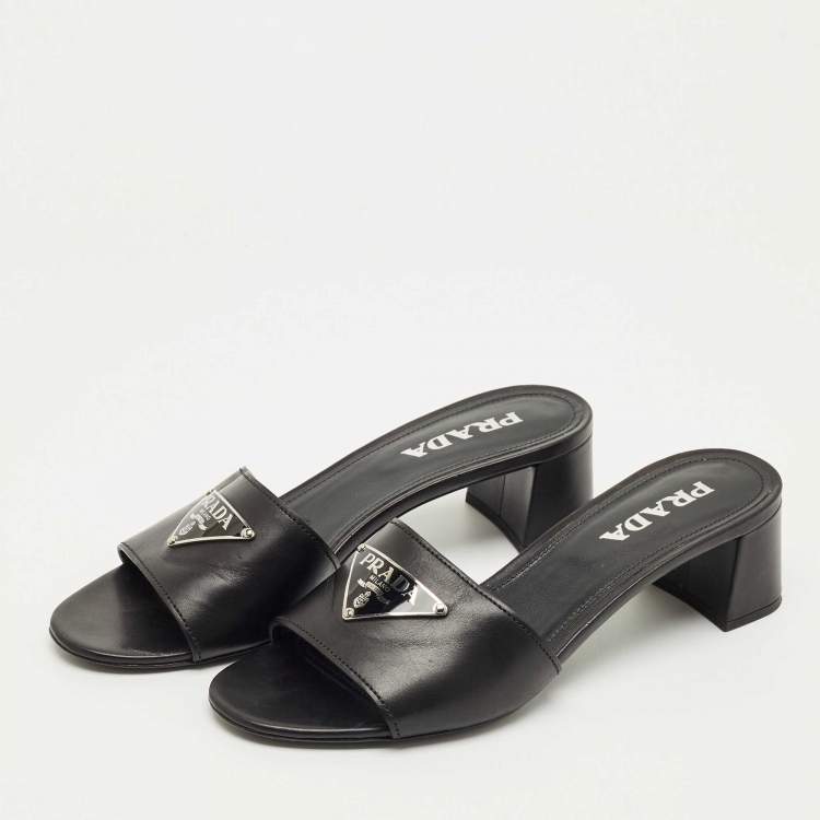 Pre Owned Prada Black Leather Triangle Logo Slide Sandals Size 39.5