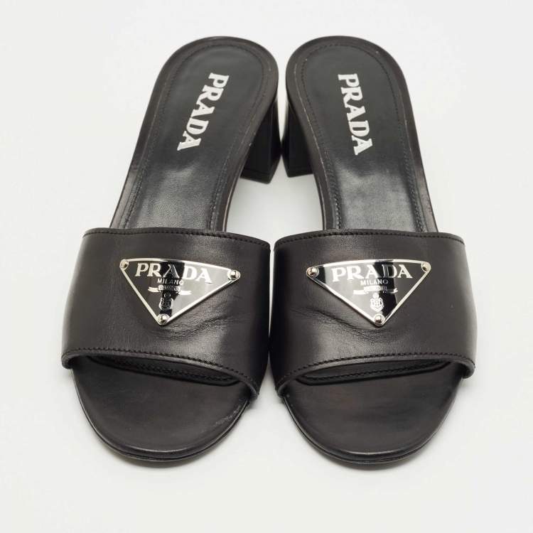 Pre Owned Prada Black Leather Triangle Logo Slide Sandals Size 39.5