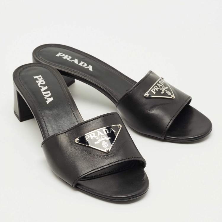Pre Owned Prada Black Leather Triangle Logo Slide Sandals Size 39.5